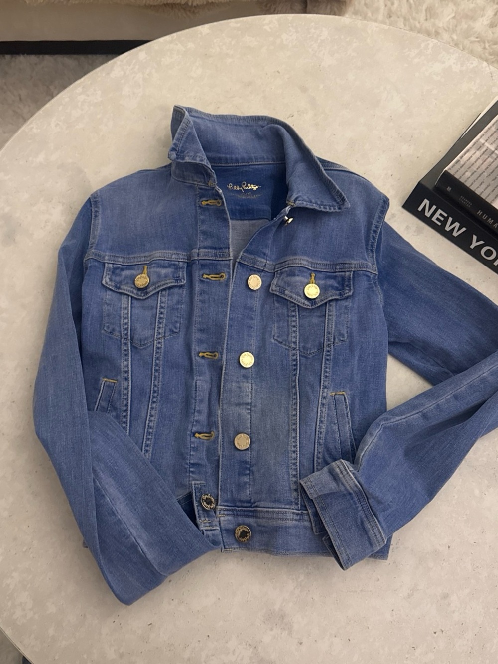 Lilly Pulitzer Classic Blue Denim Jacket with Gold Buttons